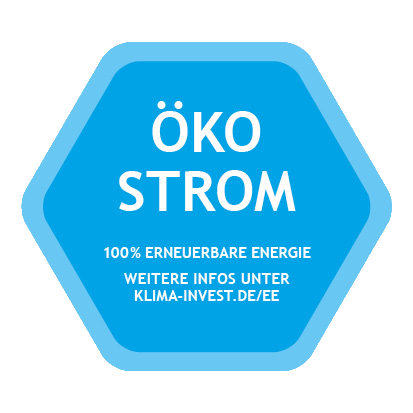 Siegel für die Auszeichnung "KlimaInvest Ökostrom" - 100% nahchaltige Energie, weitere Infos unter Klima-invest.de