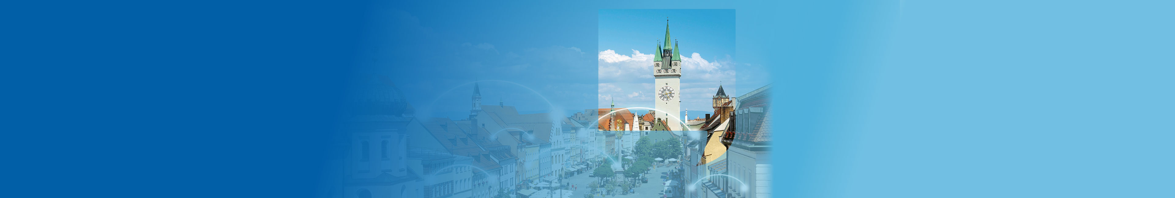 Luftbild von Regensburg mit verbindenden Lichtblitzen zwischen den Häusern, die Internetverbinudngen symbolisieren.