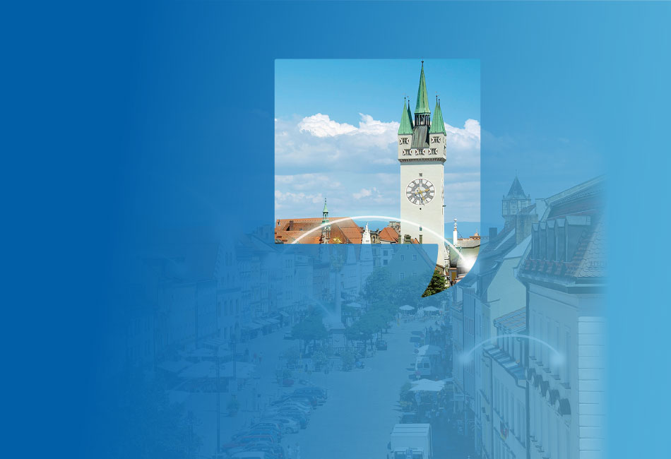 Luftbild von Regensburg mit verbindenden Lichtblitzen zwischen den Häusern, die Internetverbinudngen symbolisieren.