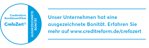 Siegel für die Auszeichnung "CrefoZert" für ausgezeichnete Bonität